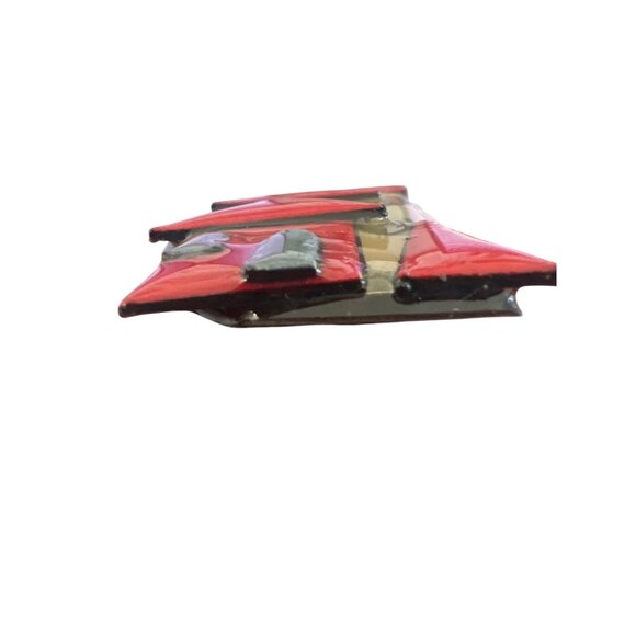 Handcrafted Lucinda House Pin Brooch Red Black Abstract Design Moon Sun 3"x1.5" - Picture 3 of 4